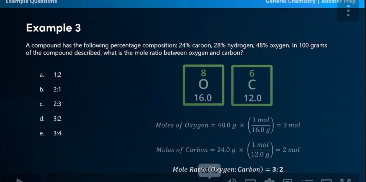 <ol><li><p>first find the moles of oxygen → 48g x (1 mol/ 16/g)=3</p></li><li><p>moles of carbon→ 24g x (1 mol/ 12/g)=2</p></li><li><p>Ratio would be 3:2</p></li></ol><p></p>