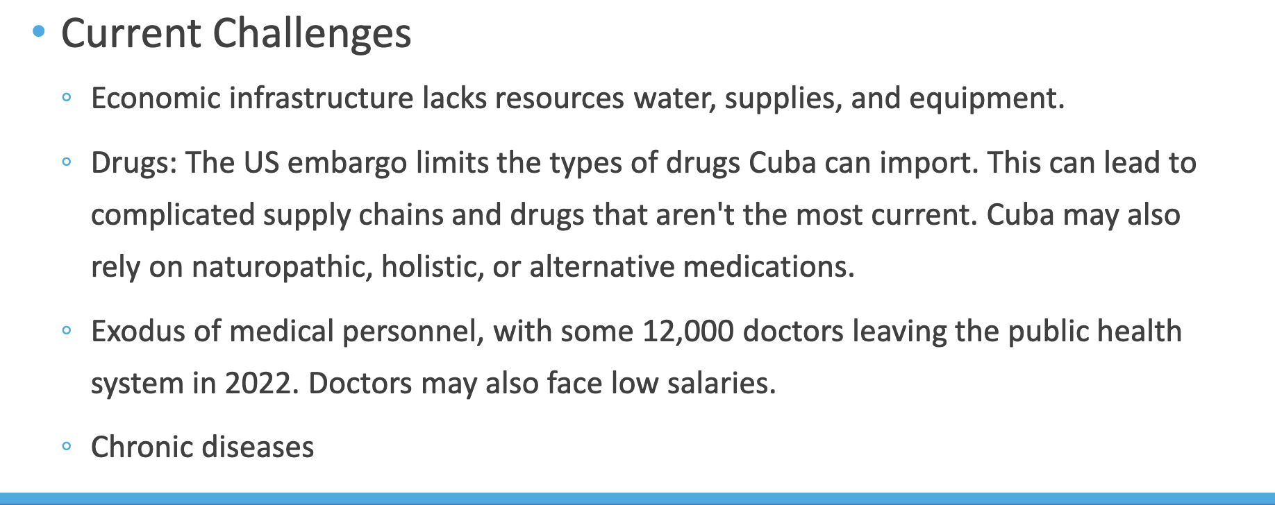 <p>Common Name: Family Physician Program</p><p>Type of System: ◦ “Socialist” (socialized) medicine (Model = Socialized Program)</p><p>Underlying Principles ◦ Health care is a right </p><p>◦ Health care is the responsibility of the state</p><p> ◦ Preventive and curative services are integrated </p><p>◦ Everyone participates in the function of the health care system</p><p> ◦ Health care activities are integrated with economic and social development</p><p>Structure: ◦ National health plan with 3 major components: </p><p>◦ 1ry care: Consultorio (consultation office) </p><p>◦ Family MD &amp; nurse assigned to specific community</p><p> ◦ 2ry care: Polyclinics </p><p>◦ 3ry care: Hospitals ◦ Thus, delivery: completely public</p>