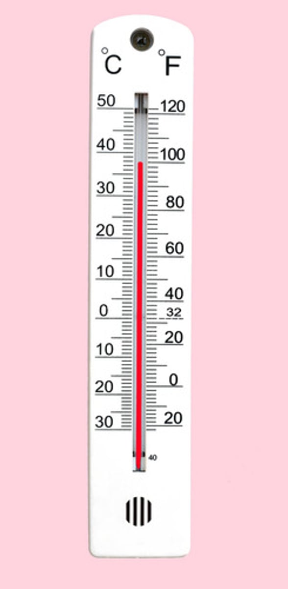 <p>a measure in degrees of the average thermal energy of the atoms and molecules in a body of matter</p>