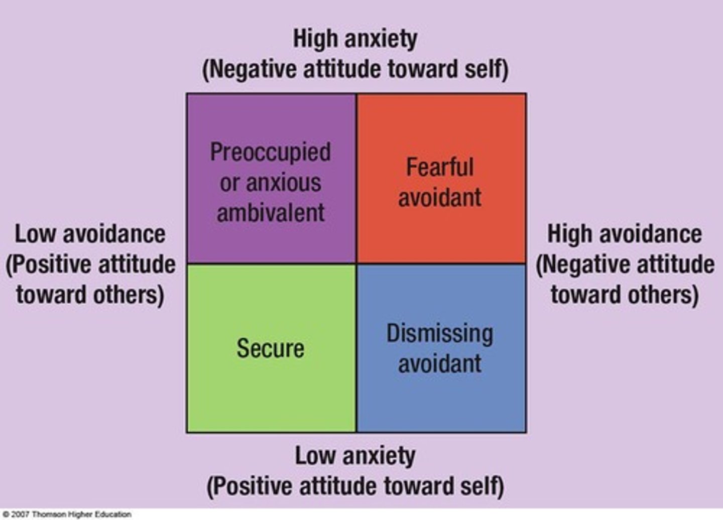 <p>Theory developed along two dimensions: Anxiety and Avoidance, with four attachment styles: Secure attachment, Dismissing avoidant attachment, Fearful avoidant attachment, Preoccupied attachment.</p>