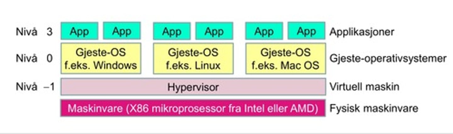 <p>Mest direkte og effektive måten å kjøre en virtuell maskin på.</p><p>Type1 gir en logisk stuktur på privilegienivåene ved at hypervisoren (den virtuelle maskinen) er mer priviligert enn gjeste-oprativsystemet som den styrer</p><p>Gjeste-opreativsystemene kjører med privilegienivå 0 som de er designet for</p>