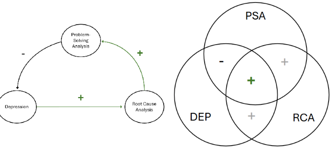 <p>Key concepts:</p><ul><li><p><strong>RCA (Root Cause Analysis)</strong> – identifying causal factors that could have prevented the problem</p></li><li><p><strong>PSA (Problem-Solving Analysis)</strong> – using causal understanding to design solutions</p></li></ul><p></p><p><u>linear Hypothesized Model:</u></p><p>Depression → Root Cause Analysis → Problem-Solving Analysis → less depression (note spike in depression)</p><p></p><p><u>circular hypothesis model: MORE ROBUST SUPPORT</u></p><p><em>Reciprocal process → circular system.</em></p><p>Depression → (+) → RCA<br>RCA → (+) → PSA<br>PSA → (–) → Depression</p><p></p><ul><li><p>in the middel circle its overall positive bc <strong>Bivariate correlations</strong> (simple correlations) between:</p><ul><li><p>Depression (DEP)</p></li><li><p>RCA</p></li><li><p>PSA<br>→ hover around <strong>0 to 0.2</strong></p></li></ul></li></ul><p>This occurs because:</p><ul><li><p>The circular model includes <strong>opposing effects</strong> that cancel out in simple correlations.</p></li></ul><p></p>