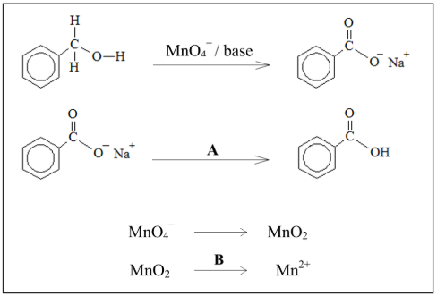 <p>Identify A and B in the reaction scheme that were added to allow separation of the benzoic acid from the other substances after the oxidation was complete</p>