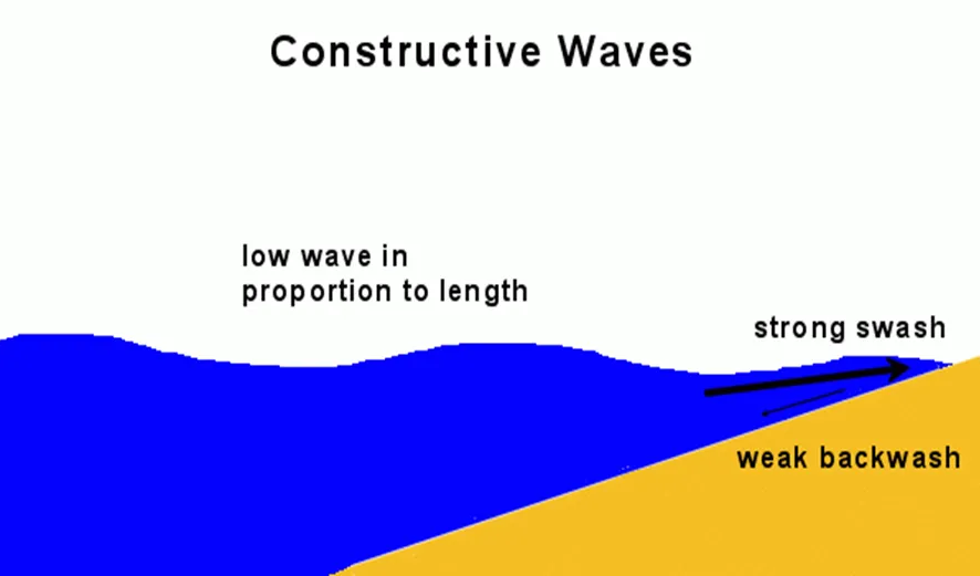 <p>waves that deposit sediment and create beaches</p><ul><li><p>low wave in proportion to length </p></li><li><p>strong swash</p></li><li><p>weak backwash</p></li><li><p>deposits sediment due to its strong swash, and doesn’t have enough backwash to take it away</p></li></ul><p></p>