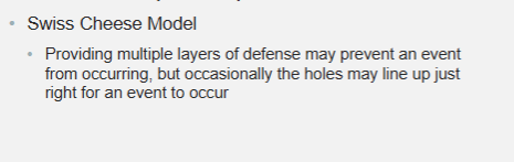 <ul><li><p>providing multiple layers of defense may prevent an event from occurring, but occasionally the holes may line up just right for an event to occur</p></li></ul><p></p>
