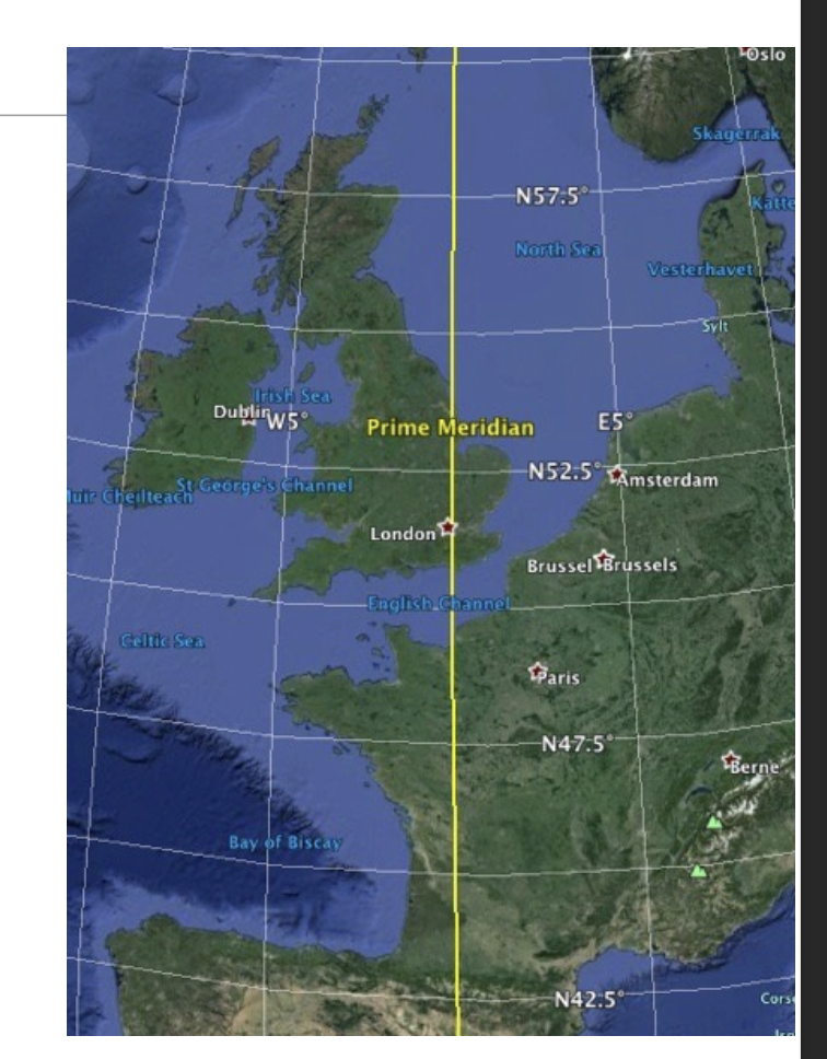 <p>Prime meridian is <strong>arbitrarily l</strong>ocated at the Royal Observatory in Greenwich, UK.</p><p>Because the technology for longitude was created in Britain </p>