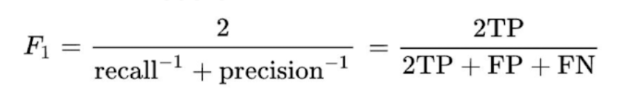 <p>The F1 score is the harmonic mean of precision and recall. It provides a single, balanced score that incorporates both metrics and is particularly useful for evaluating models on datasets with imbalanced classes.</p><p>The F1 score gives a single number that is closer to the lower of the two value (precision or recall), meaning a model must perform well on both to achieve a high F1 score.</p><p>F1 = 2 / (recall<sup>-1</sup> + precision<sup>-1</sup>) = 2TP / (2TP + FP + FN)</p><p>*Doesn’t account for true negatives —&gt; use when true negatives are common —&gt; bias towards positive</p>