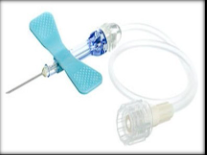 Short small gauge metal needle with one or two plastic side arms; 19 – 27 g, .5” - .75” length; Used for short term therapy