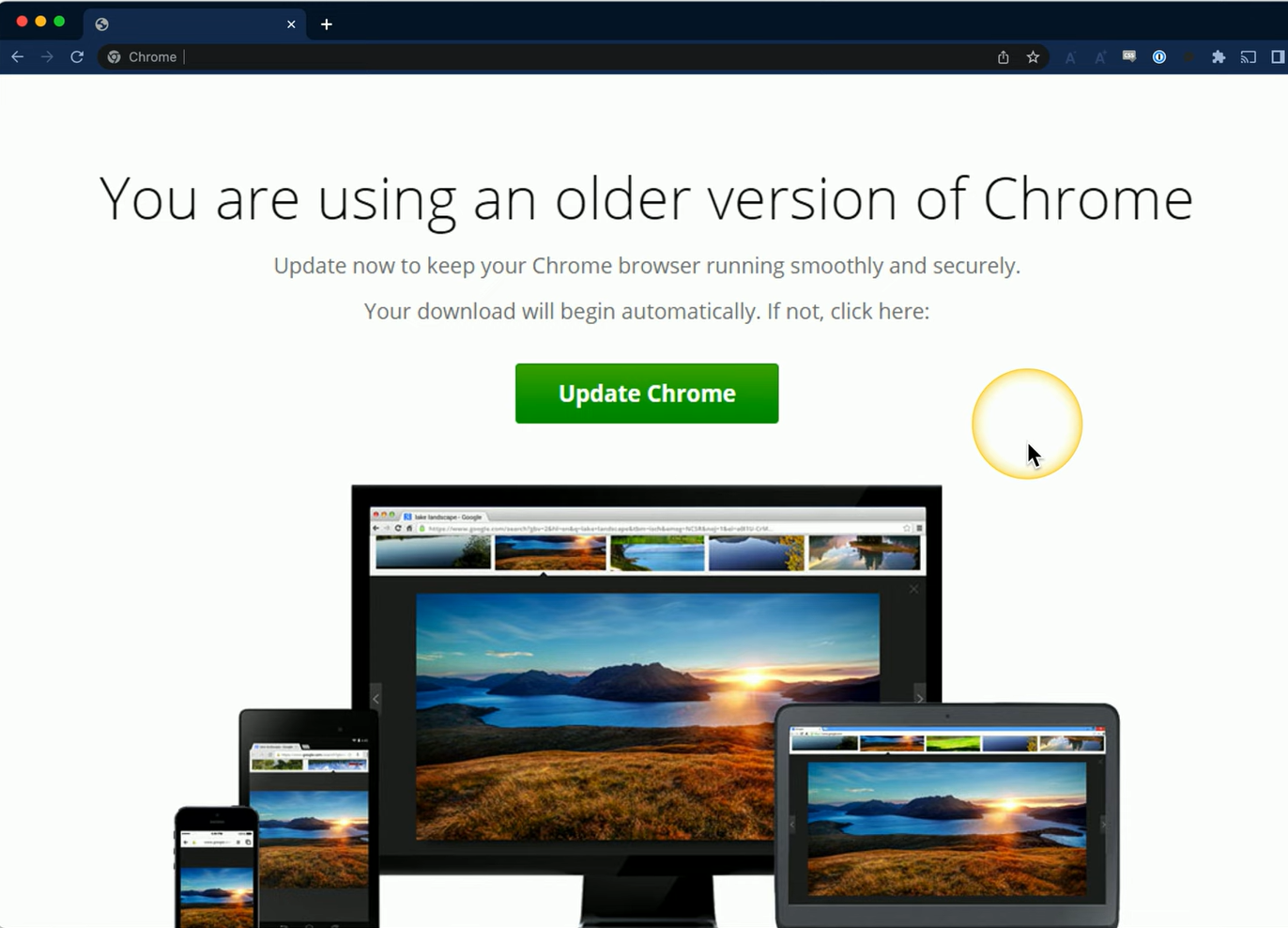 <p>When you start Chrome, a message might appear saying</p><ul><li><p class="has-focus">"You are using an older version. Update now to keep your Chrome browser running smoothly and securely. Your download will begin automatically. If not, click here." </p></li><li><p class="has-focus"><span style="font-size: 1.6rem">When this message appears before you visit any websites, it seems trustworthy.</span></p></li></ul><p class="has-focus is-empty">However, if this message appears after clicking a link from a Google search or visiting a website, it's essential to be cautious.</p><ul><li><p class="has-focus">In such cases, extra checks should be performed before clicking the "Update Chrome" button, as it could be a phishing attempt or a malicious pop-up disguised as a legitimate update. </p></li><li><p class="has-focus">Always verify the source of the message and ensure it is from a trusted source before proceeding.</p></li></ul><p></p>