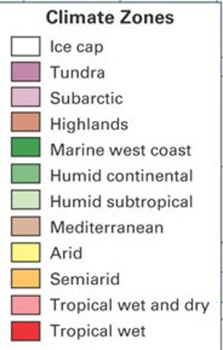 <p>The average weather conditions in an area over a long period of time</p>