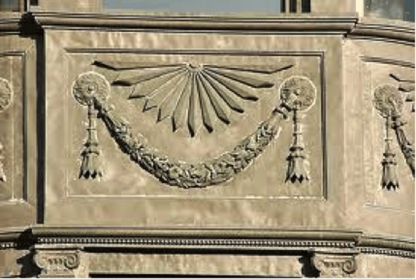 <p>a decorative representation of a string or garland of flowers, foliage, ribbon, or the like, suspended in a curve between two point</p>