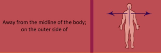 <p>refers to a position that is farther from the midline of the body. </p>