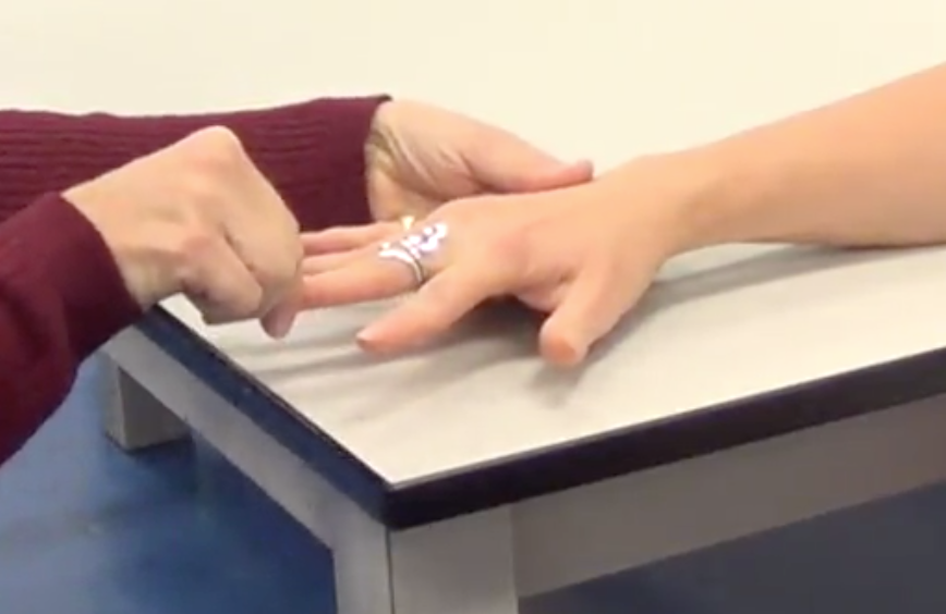 By using your pointer finger and thumb, try to pinch two of their phalanges together at their distal/middle phalanx