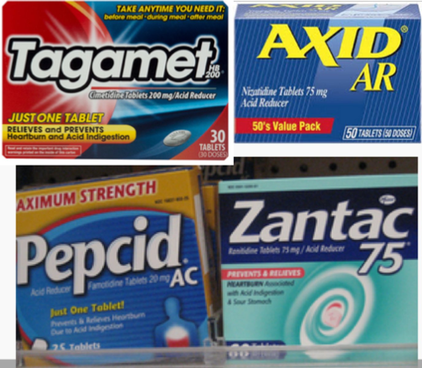 <p>Ranitidine (Zantac), Cimetidine (Tagamet), Famotidine (Pepcid)</p>