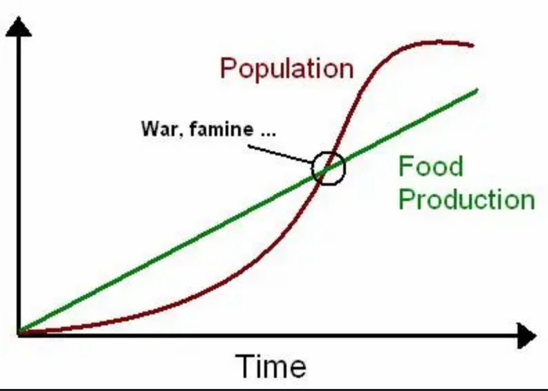 <p>The<strong> supply of food cannot keep up with the growth of the human population</strong>, inevitably resulting in disease, famine, war, and calamity</p>