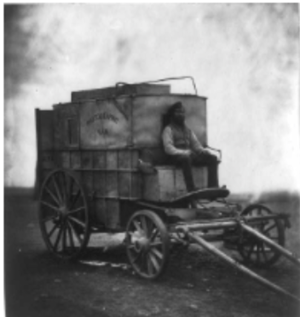 <p>Salted paper print</p><p>Library of Congress</p><p>Photography studio on wheels</p><p>pro- war</p><p>He is most famous for documenting the Crimean War (1855) as one of the first war photographers, creating powerful, staged, and unstaged images of, but not directly depicting, death and battlefields.</p>