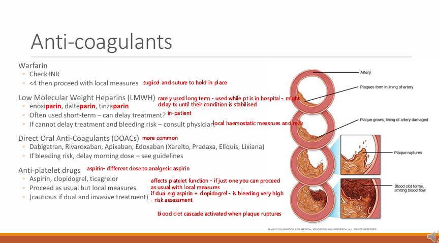 <ul><li><p>Aspirin, clopidogrel, ticagrelor </p></li><li><p>Proceed as usual if just one but local measures </p></li><li><p>cautious if dual and invasive treatment </p></li></ul><p></p>