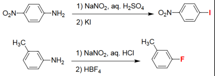 <ul><li><p>Aniline is first transformed into its diazonium chloride via NaNO₂/HCl.</p></li><li><p>Treatment with HBF₄ yields the tetrafluoroborate diazonium salt.</p></li><li><p>Thermal decomposition releases N₂ and BF₃, inserting fluoride onto the ring.</p></li><li><p>Final product is an aryl fluoride preserving original substituents.</p></li></ul><p></p>