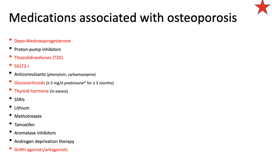 <ol><li><p>Depo-medroxyprogesterone</p></li><li><p>thiazolidinediones (TZD)</p></li><li><p>SGLT2-i</p></li><li><p>glucocorticoids <span>(≥ 5 mg/d prednisone* for ≥ 3 months)</span></p></li><li><p><span>Thyroid hormone (in excess)</span></p></li><li><p><span>GnRH agonists/antagonists</span></p></li></ol><p></p>