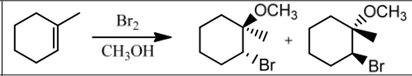 <p>Reagents: Br₂/ROH (Cl₂/ROH)</p><p>What's Added: Br⁺ & OR⁻ (or Cl⁺ & OR⁻)</p><p>Regioselectivity: Markovnikov</p><p>Sterioselectivity: Anti Addition</p><p>Intermediate: Bromonium Ion</p>