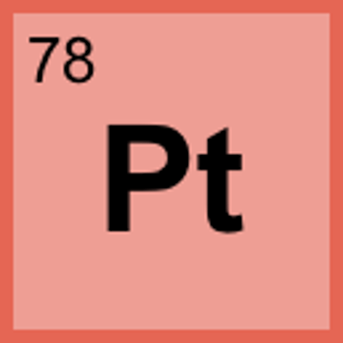 <p>Symbol: Pt<br>Atomic Mass: 195.1<br>Atomic Number: 78</p>