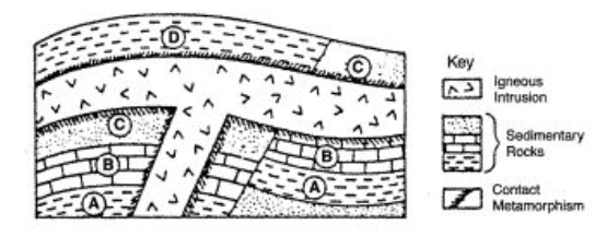 <p>The diagram below represents folded and faulted rock layers cut by an igneous intrusion. What is the relative age of the intrusion?</p>