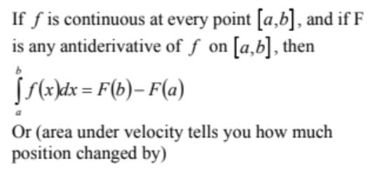 If F is any antiderivative of f on [a, b], then ∫ from a to b of f(x)dx = F(b) - F(a).