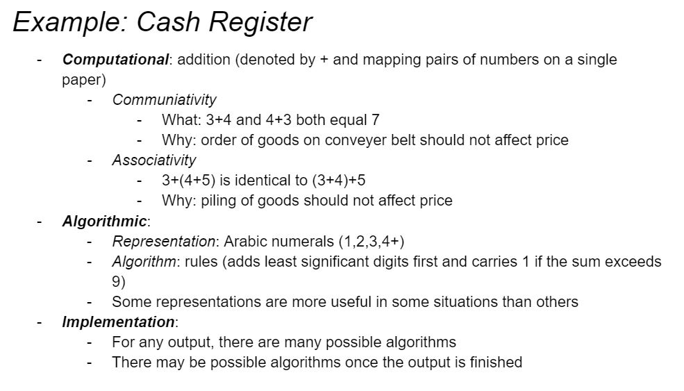 <p><span style="font-family: Arial, sans-serif"><mark data-color="yellow">experimental way of </mark></span><strong><em><span style="font-family: Arial, sans-serif"><mark data-color="yellow">viewing and explaining computer/machine systems</mark></span></em></strong></p><ul><li><p><mark data-color="blue">types</mark>:</p><ul><li><p><mark data-color="red">computational</mark></p></li><li><p><mark data-color="red">algorithmic</mark></p></li><li><p><mark data-color="red">implementational</mark></p></li></ul></li></ul>