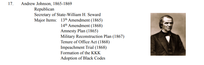 <p>ANTEBELLUM PERIOD: 1840-1860</p><ul><li><p>Reconstruction: Johnson's policies after the Civil War aimed at bringing the Southern states back into the Union, often criticized for being lenient towards former Confederates.</p></li></ul>