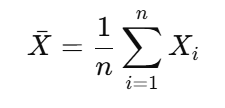 <p>• <code>\(\bar{X}\)</code>: Mean of the sample</p><p>• n: Number of individuals in the sample</p><p>• Xᵢ: Value of the i-th individual in the sample</p><p>Use: Estimates the population mean using a subset of data.</p><p></p>