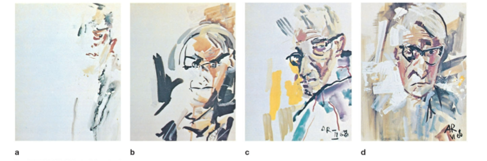 <p>Self-portraits by Anton Räderscheidt as he recovered from a stroke; in first picture can see that ignored left side completely; as time goes on move on to the right can see improvements </p>