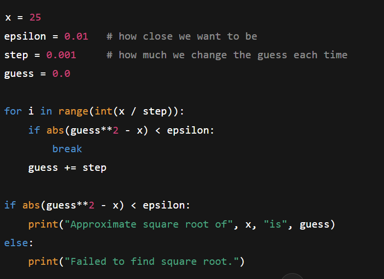<p>Test guesses that are "close enough" to the real solution using a small increment. Decreasing increment size causes slower program but more accurate answer while increasing epsilon (close enough guess) causes a less accurate answer but faster program.</p>