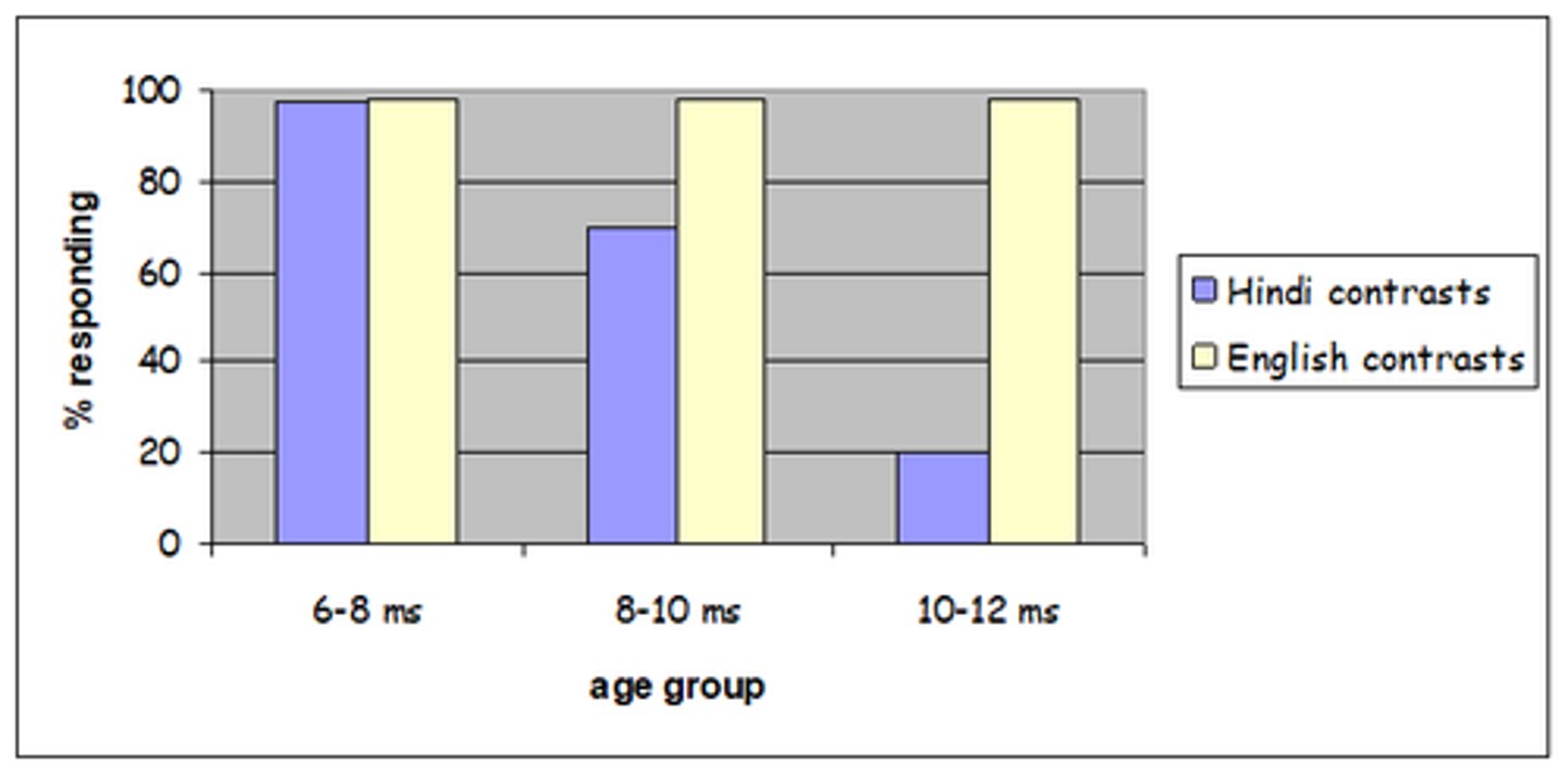 <p>At 6-8 months, english babies could distinguish between english and hindi contrasts.</p>