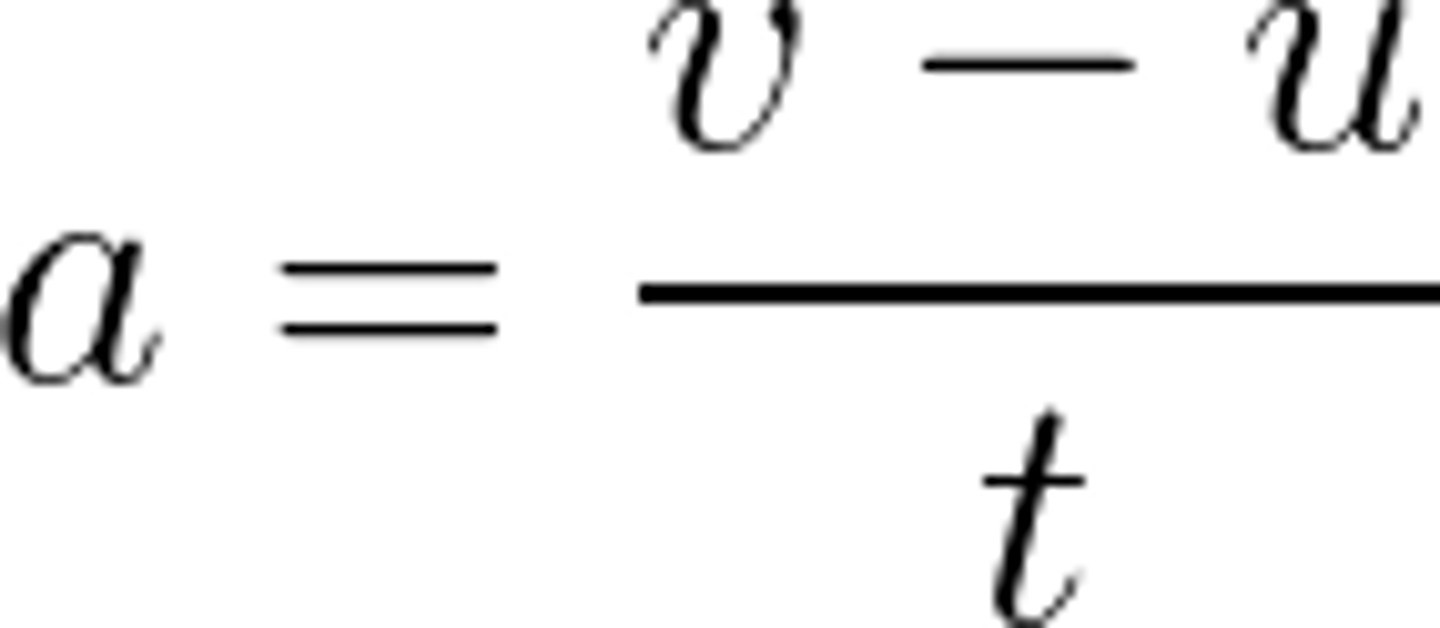 <p>acceleration= change in velocity / time taken</p>