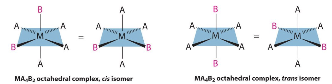 <ul><li><p>if the 2 ligands which are the same are opposite each other and so have an angle of 180<sup>o</sup> between them = trans</p></li><li><p>if the 2 ligands which are the same next to each other and so have an angle of 90<sup>o</sup> between them = cis </p></li></ul><p></p>