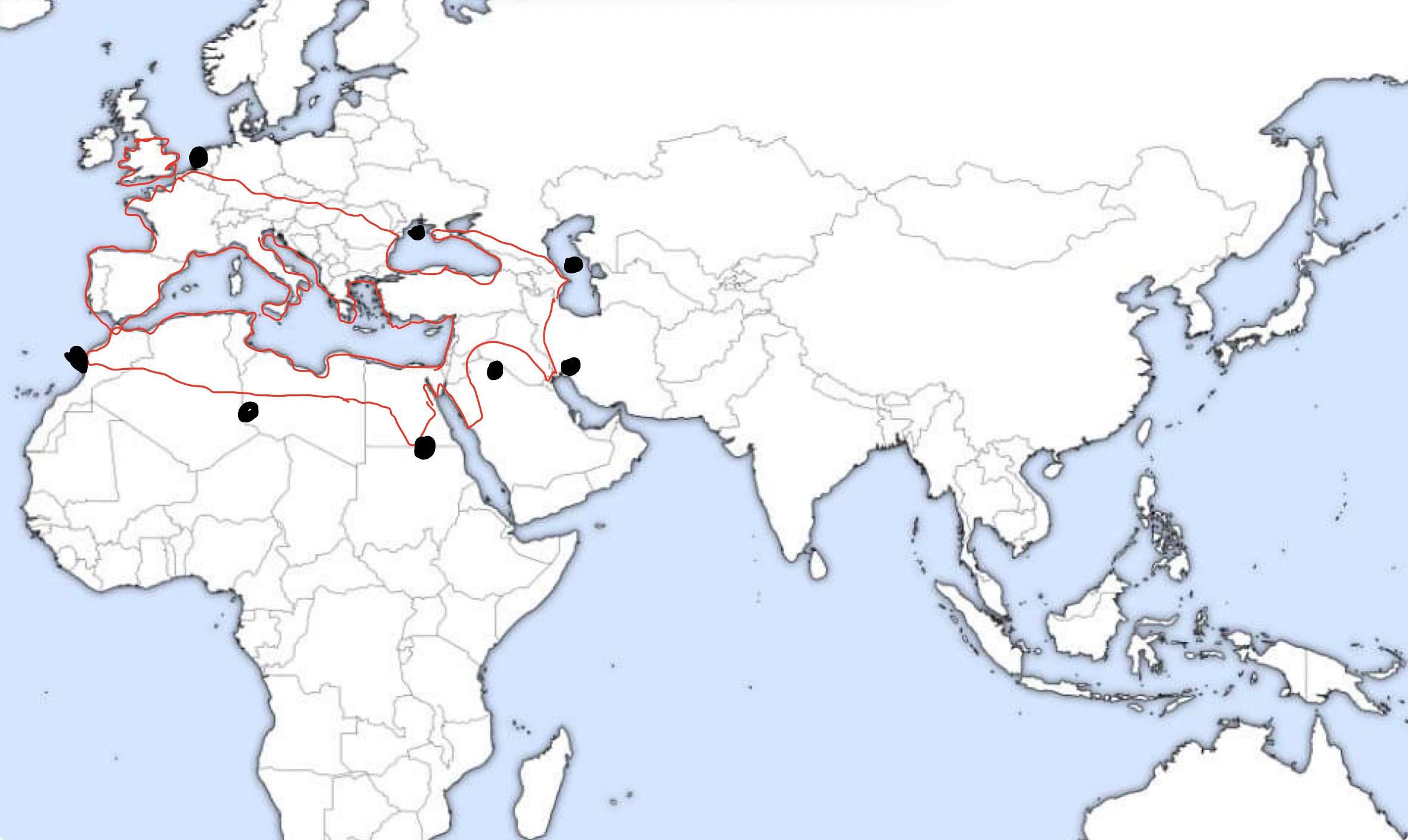 <p>North France, circles around the Black Sea, then goes south and almost bounces over Saudi Arabia, then goes west and dips to the bottom of Egypt, and then crosses across north Africa</p>