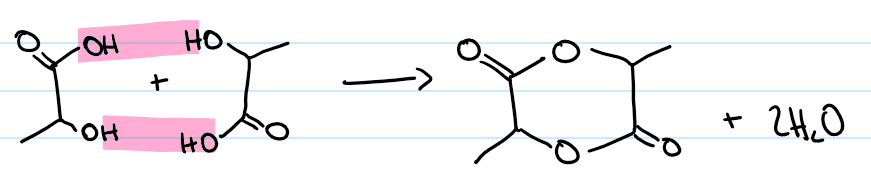 <p>two hydroxy carboxylic acids react to form a ring</p>