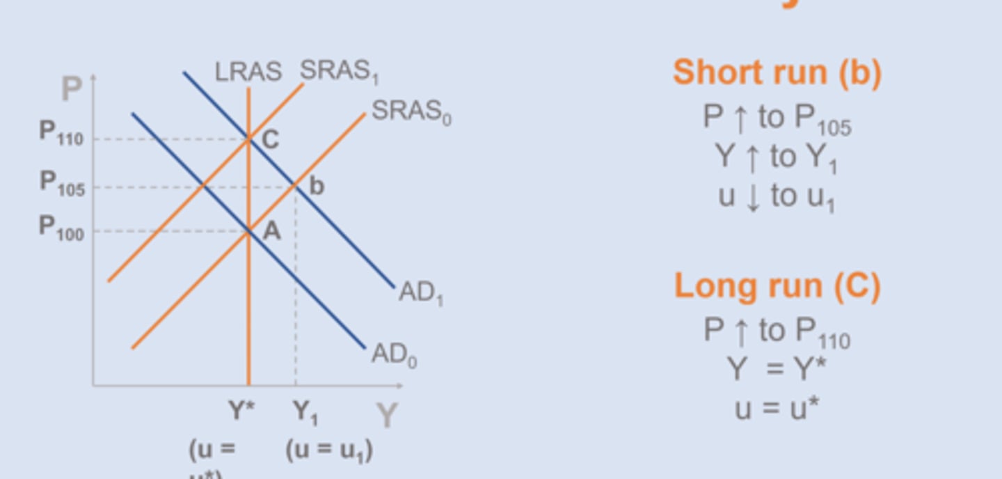 <p>1. AD shifts out (SR equilibrium b)</p><p>2. SR shifts back (LR equilibrium C)</p><p>==&gt; input prices rise to match raise in P</p><p>In LR all prices adjust</p>