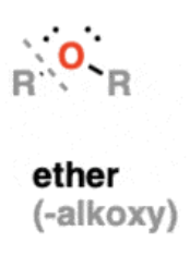 <p>Oxygen in between two Carbons in the middle</p><p>R-O-R</p>