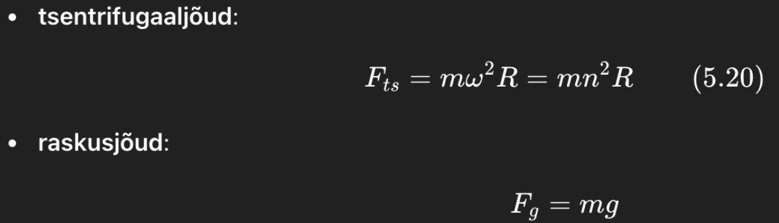 <p><strong>Raskusjõud</strong> on jõud, millega Maa gravitatsioon tõmbab keha alla</p><p><strong>Tsentrifugaaljõud</strong> on pöörlevas liikumises (nurksagedusega <span>ω\omegaω</span>) kehale “väljapoole” mõjuv jõud</p>