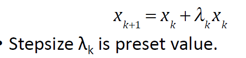 <ul><li><p>1) start from initial conformation and compute gradient (direction of steepest descent)</p></li><li><p>2) atomic coordinates are moved along the gradient by a predetermined stepsize</p></li><li><p>3)recompute the gradient</p></li><li><p>4) repeat until no descent in E anymore</p></li></ul><p></p><ul><li><p>if lambda</p><ul><li><p>to big: it overshoots the minimum, so next iteration lower it</p></li><li><p>to small = slow convergence, so next itteration increase its value</p></li></ul></li><li><p>although it may require more itterations than line search method it will always be faster because no repeated E evaluations are done (no optimal lambda)</p></li></ul><p></p>