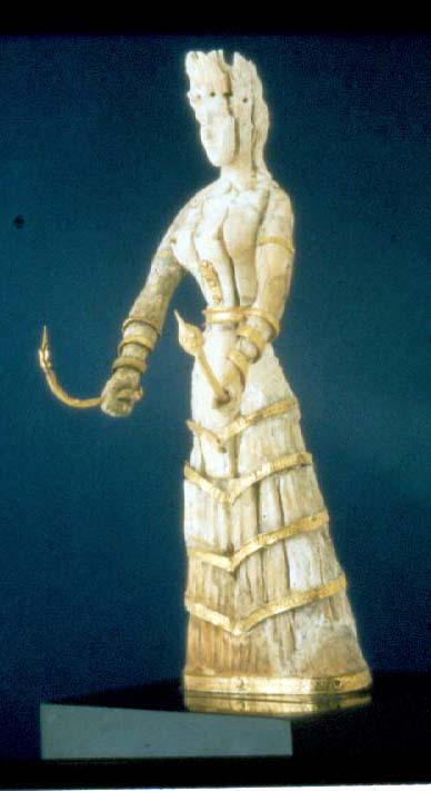<p>This chryselephatine (gold and ivory) figurine of a snake goddess in the MFA Boston </p>