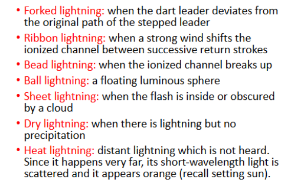 <ul><li><p>Forked lightning</p></li><li><p>Ribbon lightning</p></li><li><p>Bead lightning</p></li><li><p>Ball</p></li><li><p>Sheet</p></li><li><p>Dry</p></li><li><p>Heat</p></li></ul><p></p>