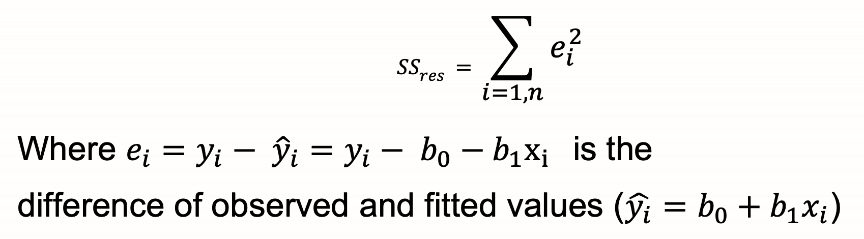 <p>using calculus solution is </p><p>b1=SSxy/SSxx</p><p>b0=ȳ-b1x̄</p><p>x̄ and&nbsp;ȳ are sample means</p>