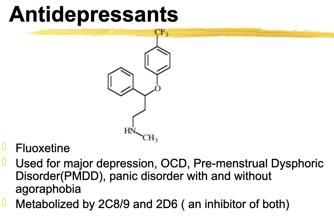 <p><strong>FALSE</strong></p><p>Fluoxetine is metabolized by 2C8/9 and 2D6 and is an <strong>inhibitor</strong> of both</p>
