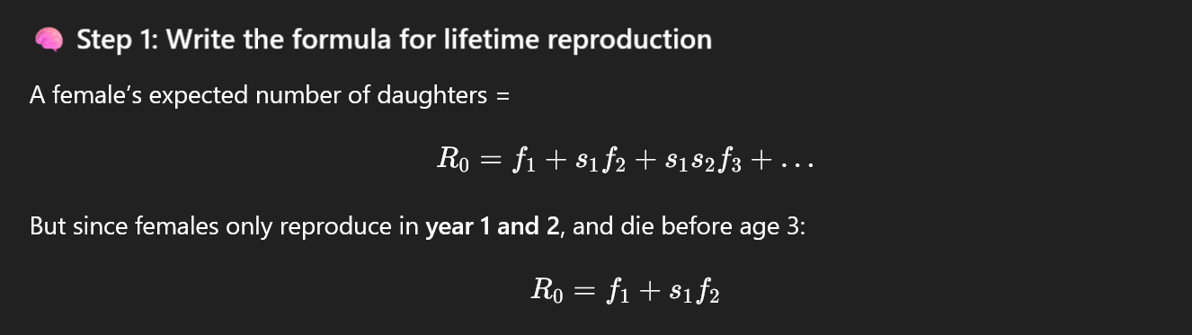 <p>where f1 = fecundity at stage 1</p><p>s1 = survival from stage 1 to 2 </p><p>f2 = fecundity at stage 2 </p><p>s2 = survival from stage 2 to 3 <br></p>