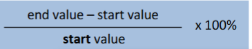 <p>end value - start value/start value x 100%</p>