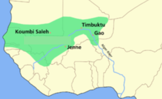 An empire in Western Africa that was founded by Sundiata who was Muslim. He used his connections with others of his faith to establish relationships with North African and Arab merchants. Sundiata cultivated a thriving gold trade allowing the empire's wealth to grow tremendously. 
LO 1.10) This empire developed and changed over time through its gold trade. Its gold trade allowed the empire to become more powerful and wealthy.