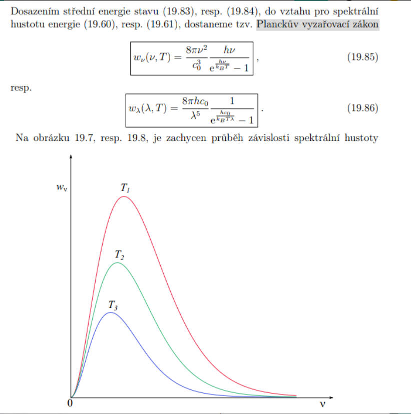 <p><strong>Proměnné:</strong></p><ul><li><p><strong>w_nu (nu, T):</strong> Spektrální hustota energie (frekvenční) – jednotka: J.m^-3.s</p></li><li><p><strong>w_lambda (lambda, T):</strong> Spektrální hustota energie (vlnová) – jednotka: J.m^-4</p></li><li><p><strong>nu (ný):</strong> Frekvence záření – jednotka: Hz nebo s^-1</p></li><li><p><strong>lambda:</strong> Vlnová délka – jednotka: m</p></li><li><p><strong>T:</strong> Termodynamická teplota – jednotka: K (Kelvin)</p></li></ul><p><strong>Konstanty:</strong></p><ul><li><p><strong>h:</strong> Planckova konstanta – jednotka: J.s</p></li><li><p><strong>c0:</strong> Rychlost světla ve vakuu – jednotka: m.s^-1</p></li><li><p><strong>kB:</strong> Boltzmannova konstanta – jednotka: J.K^-1</p></li></ul><p></p>