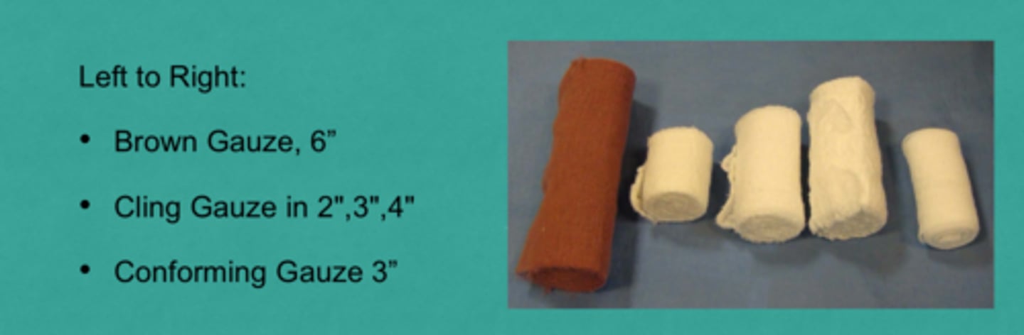 <p>Rolled gauzes are used as secondary or tertiary layers and are made of loosely woven cotton (cling or cling gauze) or cotton polyester (conform or conforming gauze) which clings to itself. Conforming gauze has moderate stretch and usually less abrasive than cling gauze.</p><p>They are are ideal for holding sponges or cotton padding in place. Can also be a secondary layer but primarily a tertiary layer.</p>